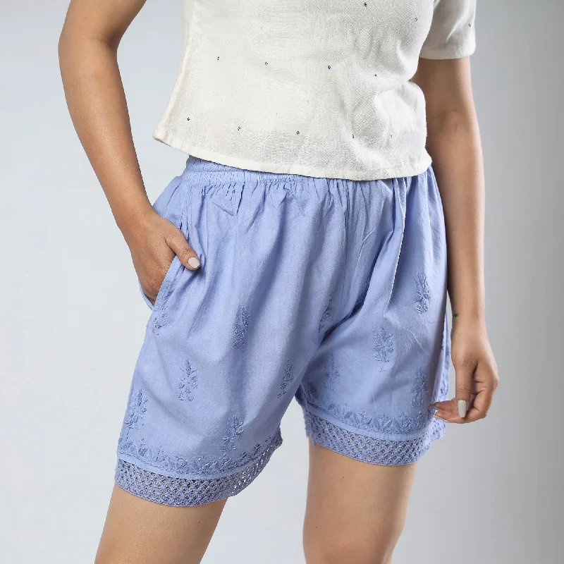 Blue - Chikankari Hand Embroidered Cotton Short