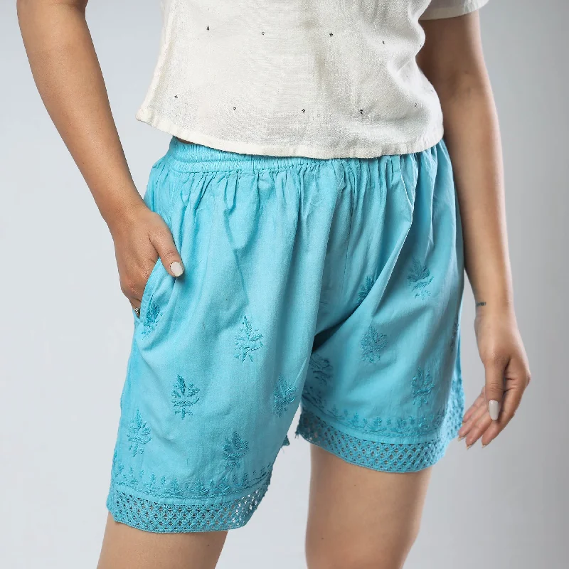 Blue - Chikankari Hand Embroidered Cotton Short