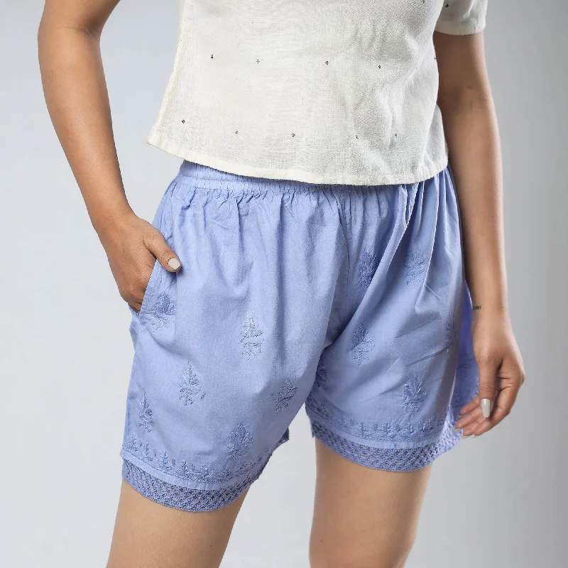 Blue - Chikankari Hand Embroidered Cotton Short