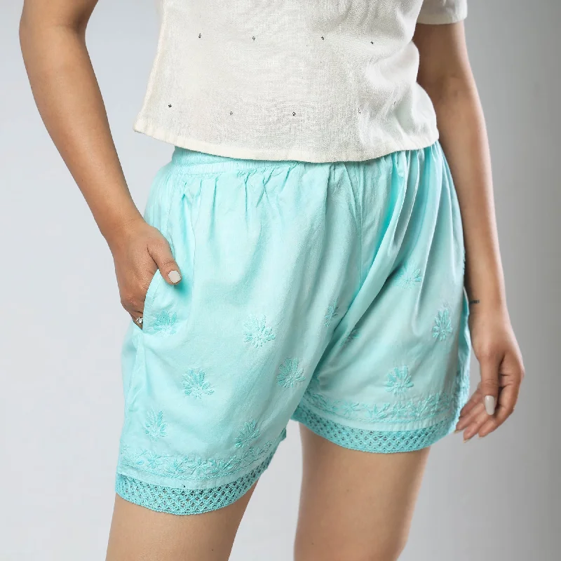 Blue - Chikankari Hand Embroidered Cotton Short