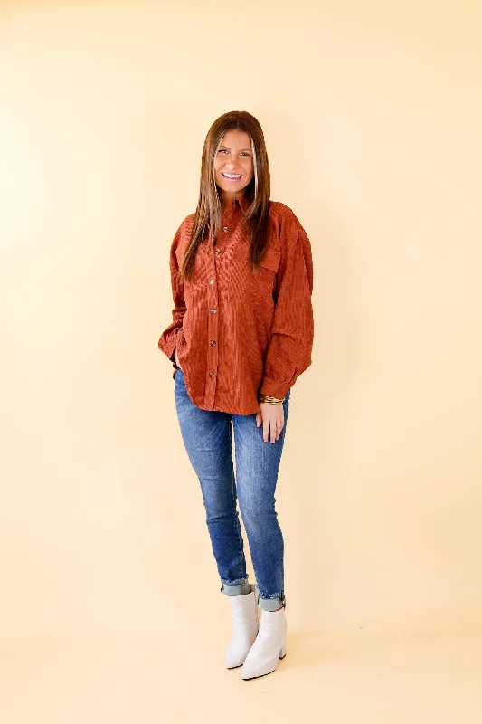 All Dolled Up Button Up Corduroy Shacket in Rust Brown