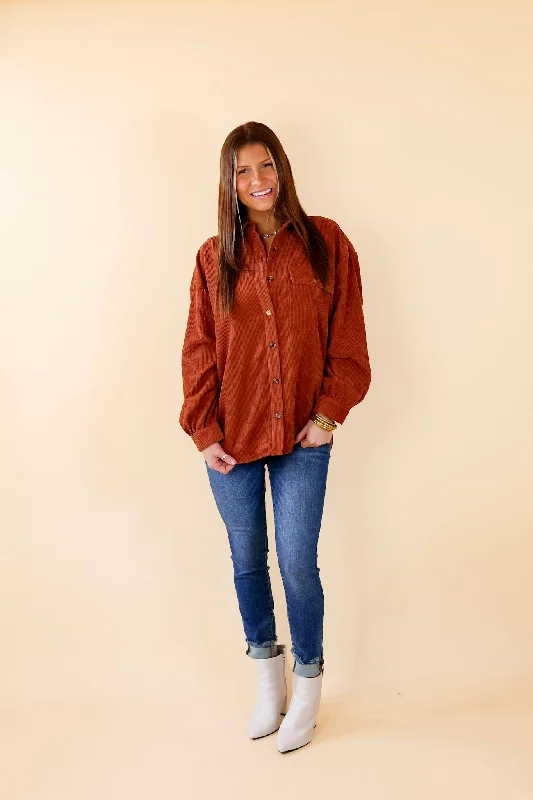 All Dolled Up Button Up Corduroy Shacket in Rust Brown