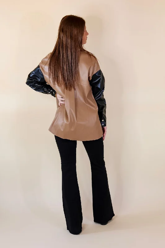 Autumn Event Faux Leather Color Block Shacket in Black Mix