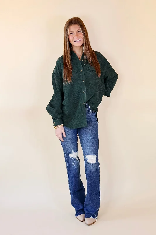 All Dolled Up Button Up Corduroy Shacket in Forest Green