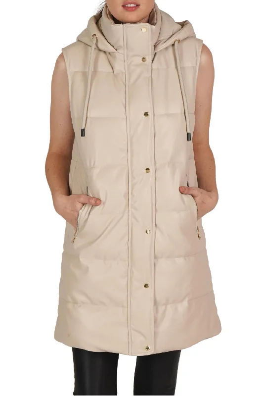 Cali Long Puffer Vest In Beige