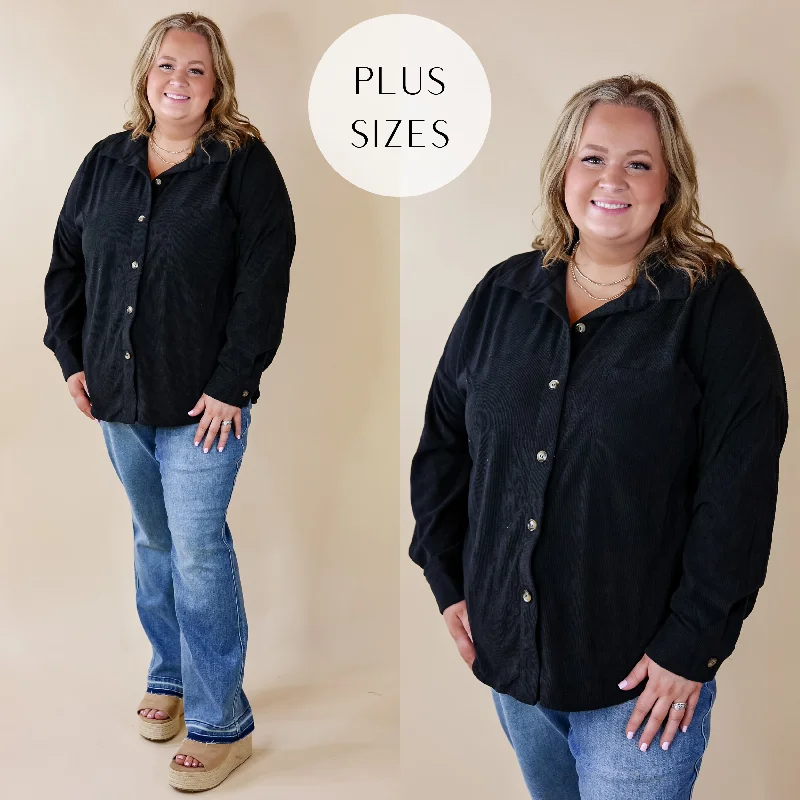 Plus Sizes | Captivating Cuteness Corduroy Button Up Shacket in Black