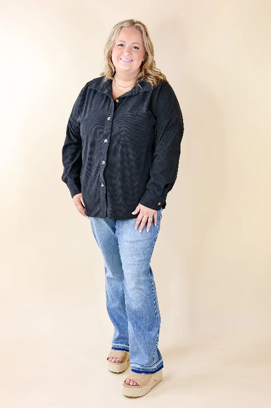 Plus Sizes | Captivating Cuteness Corduroy Button Up Shacket in Black