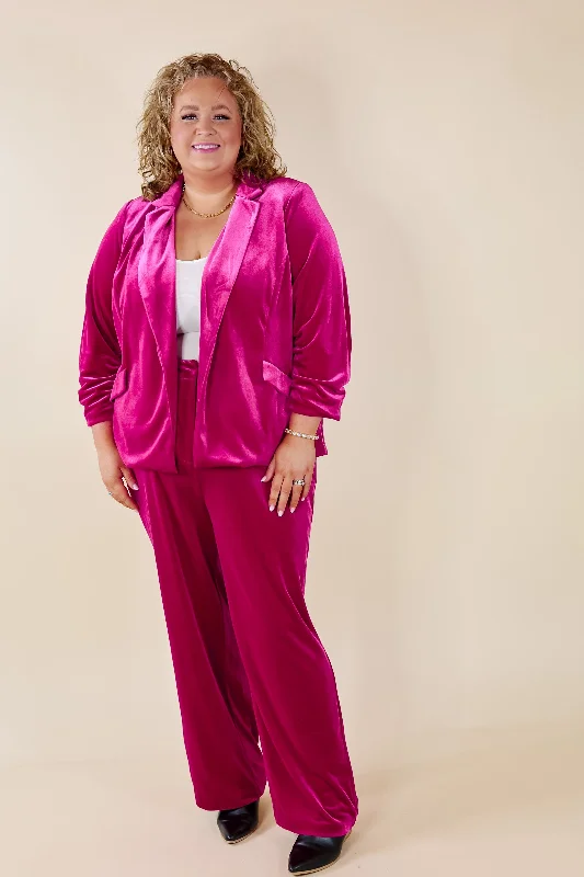 Chic Arrival 3/4 Sleeve Velvet Blazer in Fuchsia Pink