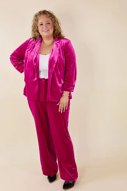 Chic Arrival 3/4 Sleeve Velvet Blazer in Fuchsia Pink