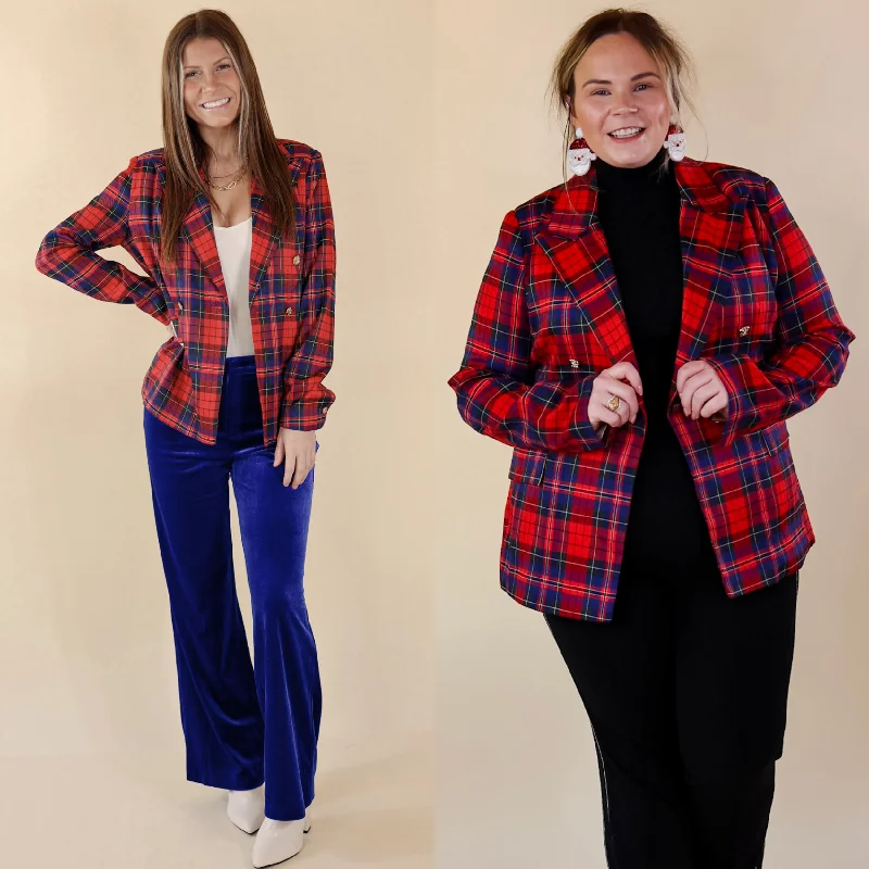 Endless Cheer Plaid Blazer with Gold Buttons in Blue and Red