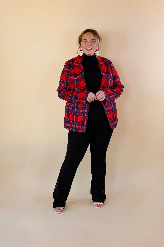 Endless Cheer Plaid Blazer with Gold Buttons in Blue and Red