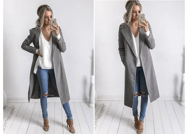 Fashion Women Winter Warm Wool Lapel Trench Coat Slim Outwear Overcoat