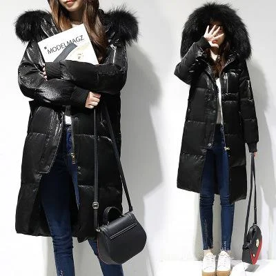 FTLZZ Winter Long Down Jacket Women Big Fur Collar Hooded White Duck Down Long Parkas Coat Female Slim Snow Outerwear