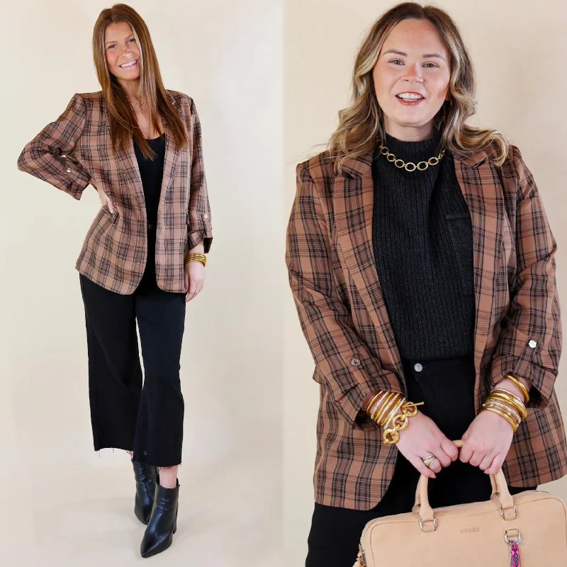 Mountain View Open Front Plaid Blazer with 3/4 Sleeves in Brown