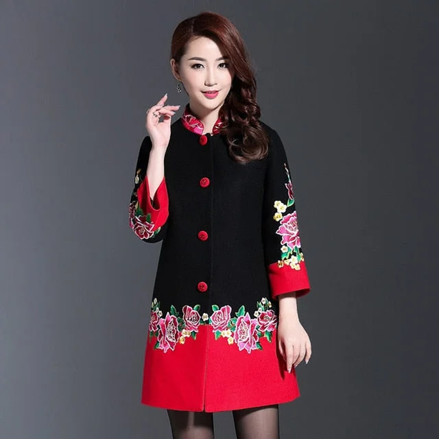 Plus Size 4XL Cashmere Flower Embroidery Women Winter Long Coats 2018 Black Red Patchwork Single Breasted Eleagnt Overcoat