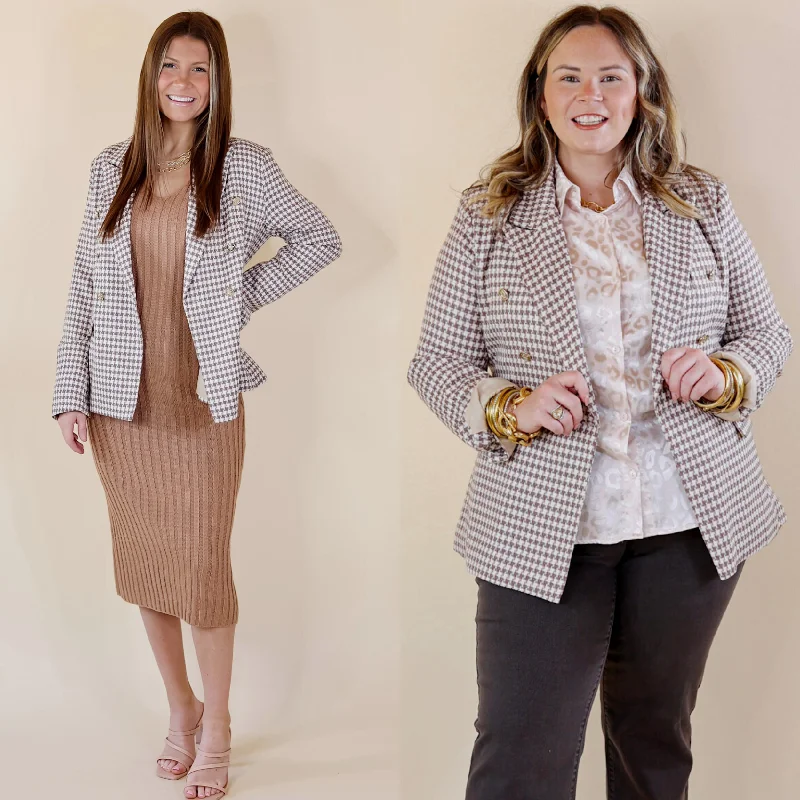 Shot Of Espresso Houndstooth Blazer with Gold Buttons in Light Taupe