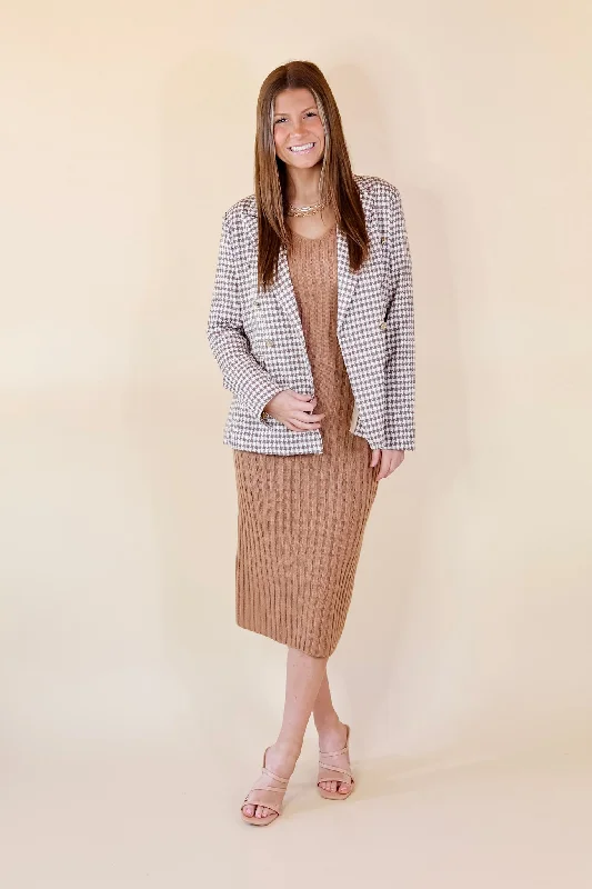 Shot Of Espresso Houndstooth Blazer with Gold Buttons in Light Taupe