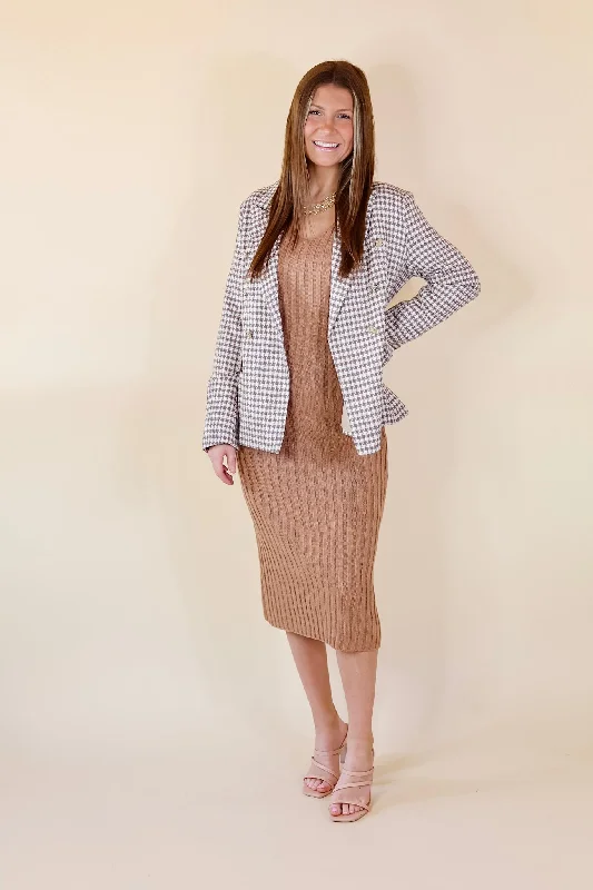 Shot Of Espresso Houndstooth Blazer with Gold Buttons in Light Taupe