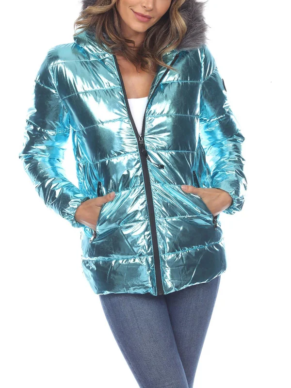 Womens Faux Fur Trim Cold Weather Puffer Jacket