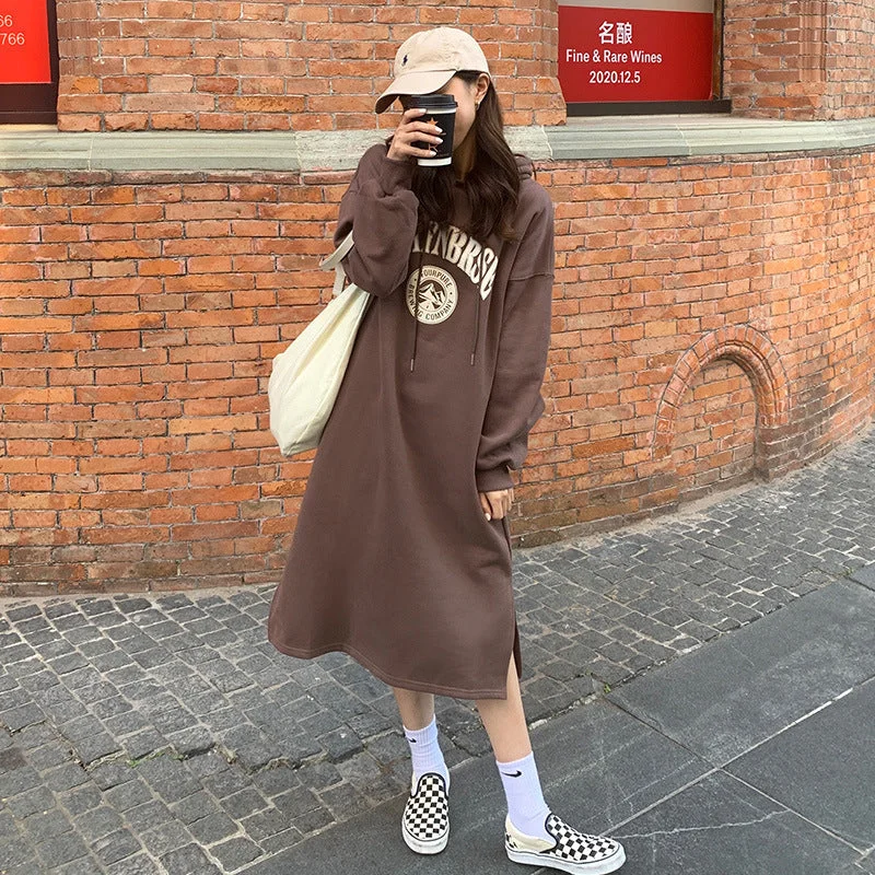 NiDELL 2020 Autumn and Winter New Korean Style Letters Printing plus Velvet Thickened Slit Overknee Long Hooded Sweater Dress Women