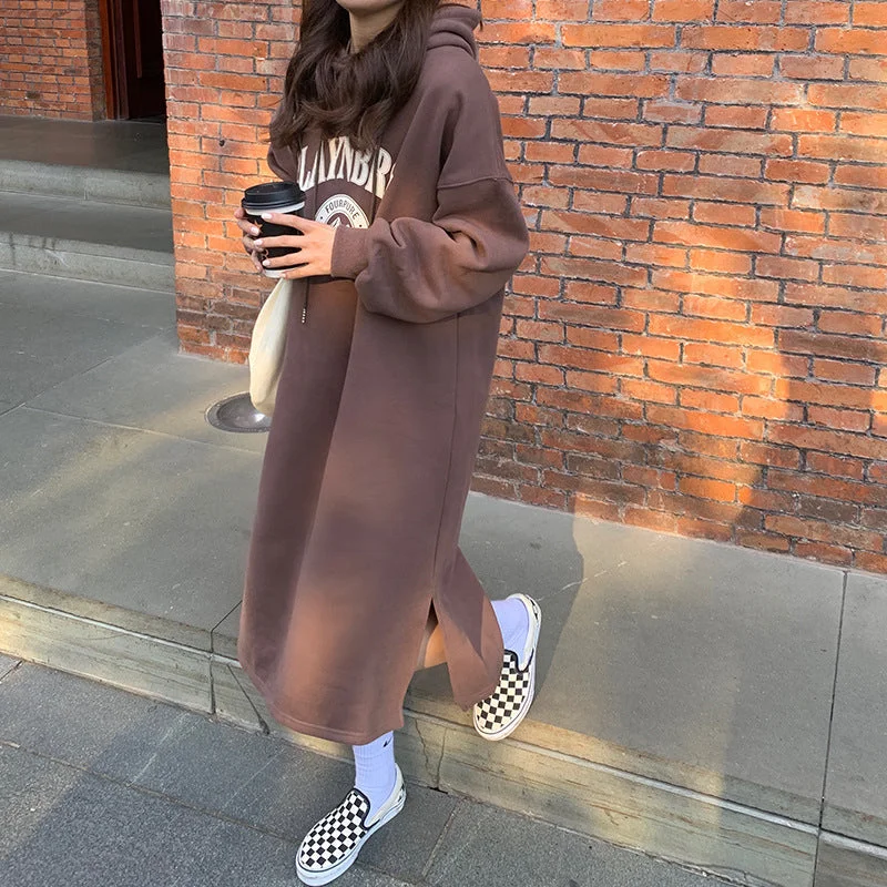 NiDELL 2020 Autumn and Winter New Korean Style Letters Printing plus Velvet Thickened Slit Overknee Long Hooded Sweater Dress Women