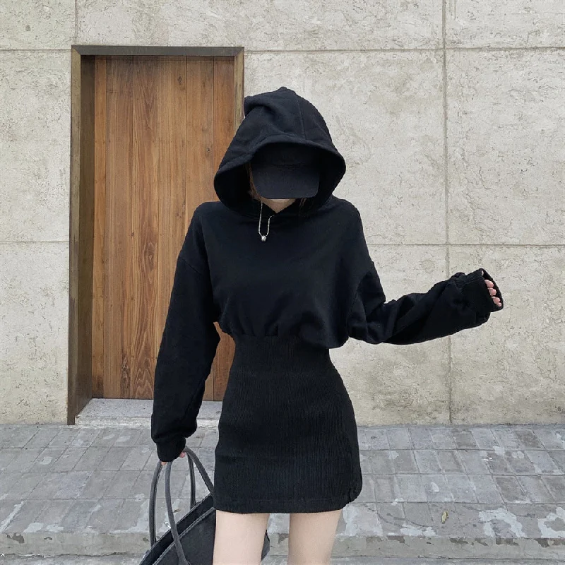 NiDELL 340# Good Quality Winter Hooded Sweater Dress Waist Slimming Sheath Fashion Trendy Fleece-Lined Padded Dress Women