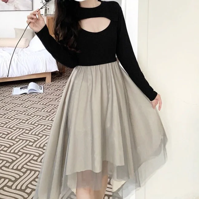 NiDELL . Autumn and Winter Black Dress Mesh Patchwork Waist-Slimming Slimming Temperament Sexy Topless Fairy Irregular Skirt