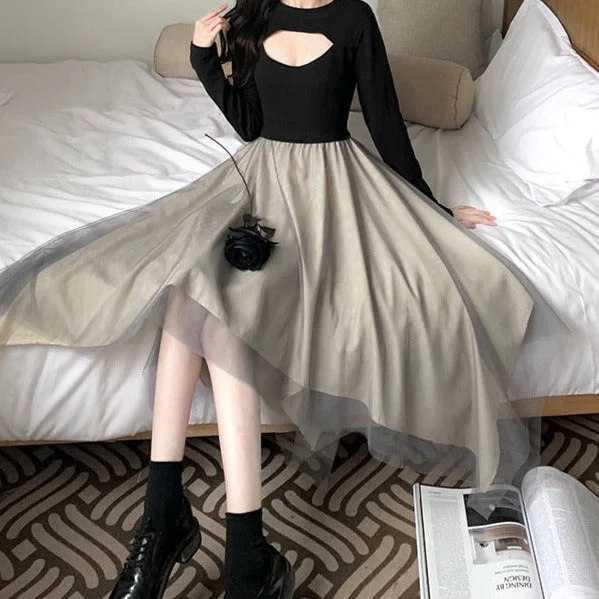 NiDELL . Autumn and Winter Black Dress Mesh Patchwork Waist-Slimming Slimming Temperament Sexy Topless Fairy Irregular Skirt