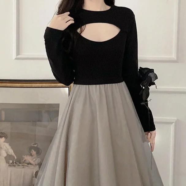 NiDELL . Autumn and Winter Black Dress Mesh Patchwork Waist-Slimming Slimming Temperament Sexy Topless Fairy Irregular Skirt