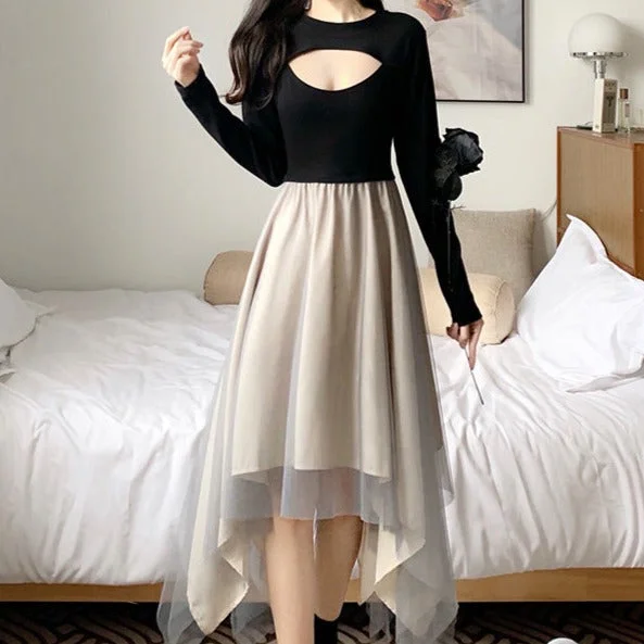 NiDELL . Autumn and Winter Black Dress Mesh Patchwork Waist-Slimming Slimming Temperament Sexy Topless Fairy Irregular Skirt