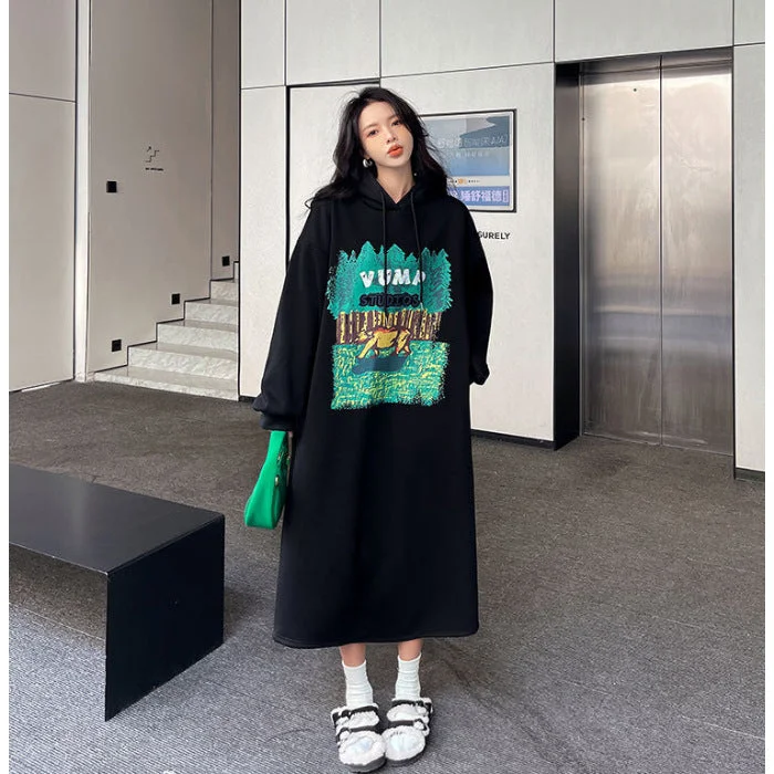 NiDELL Autumn and Winter Fleece-Lined Korean Style Sweater Dress with Pockets Split Print Hooded below-the-Knee Dress Long Sleeve T-shirt Dress