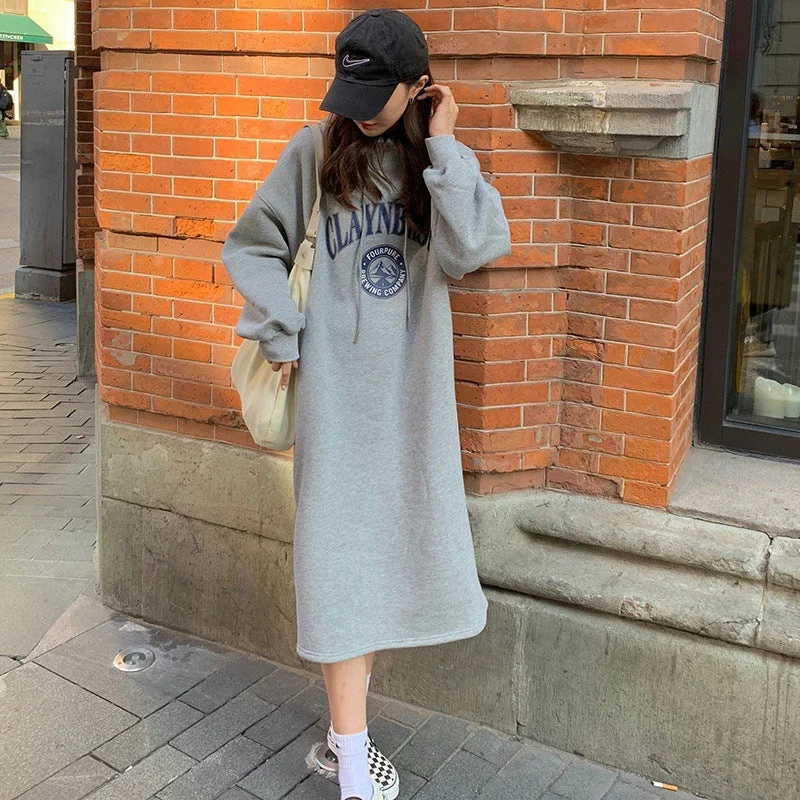 NiDELL . Autumn and Winter Fleece-Lined Thick below the Knees Long Hooded Long Sleeve Pullover Dress Women's Hong Kong Style Retro Split Long Skirt Fashion