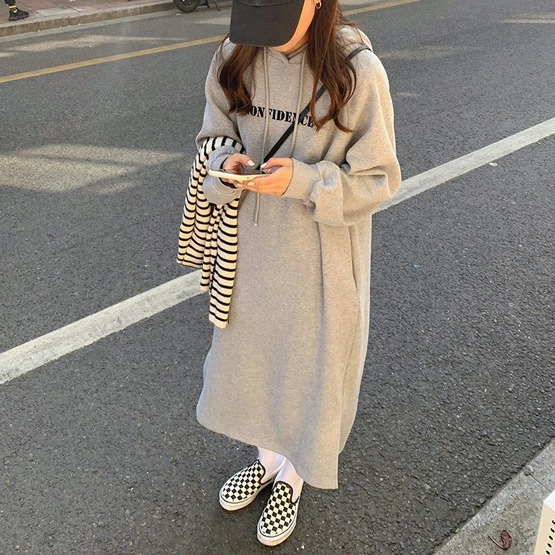 NiDELL . Autumn and Winter Korean Style Fleece-Lined Thickened Letter Printed Long Sleeve Hooded Sweater Dress Women's Split Long Skirt Fashion