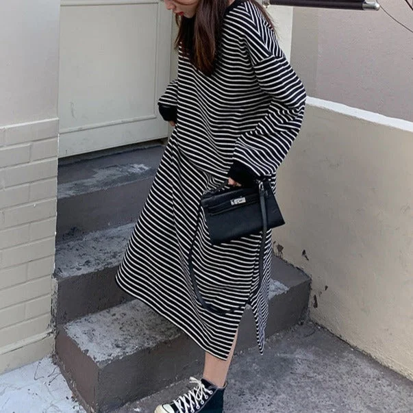 NiDELL . Autumn and Winter New Korean Style Slit Hemline at Hem Striped Long-Sleeved Dress Hong Kong Style Loose Thin over the Knee Sweater Dress