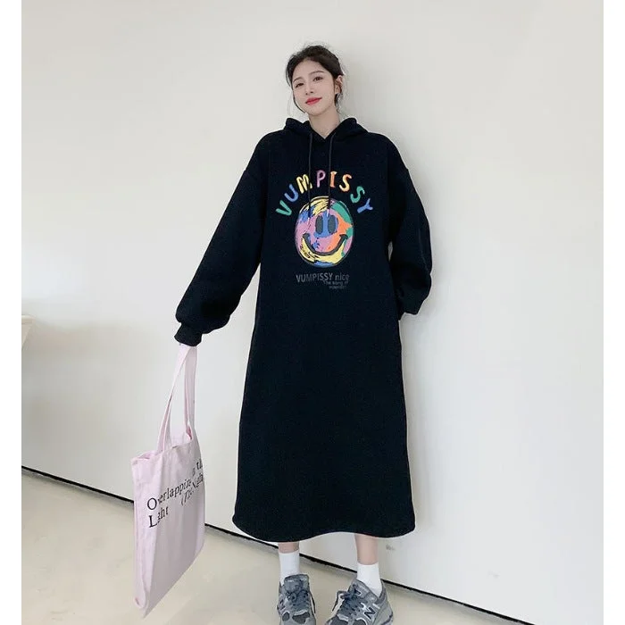 NiDELL Autumn and Winter Velvet Padded plus Size Long Hooded Sweater Dress Fashionable New Women's Loose Casual Bottoming Bottoming Dress