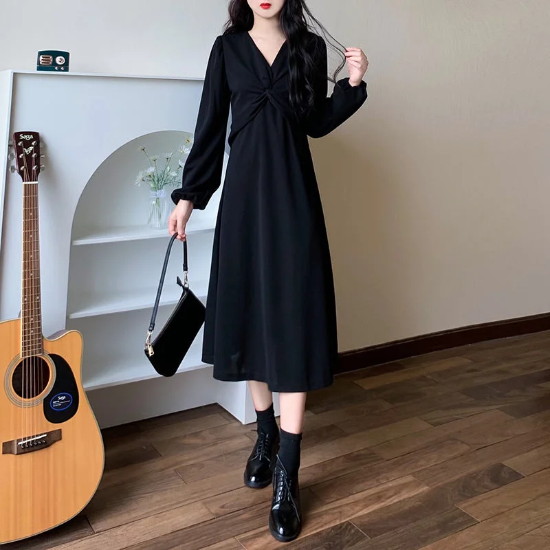 NiDELL . Autumn New Korean Style Zipper Temperament Waist-Controlled Slimming Long Sleeve Twisted Bubble Sleeve V-neck Dress