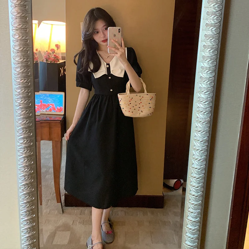 NiDELL Black Waist Dress for Women . Summer New Tea Break Hepburn Style French Style Temperament Retro Hepburn Style Puff Sleeve