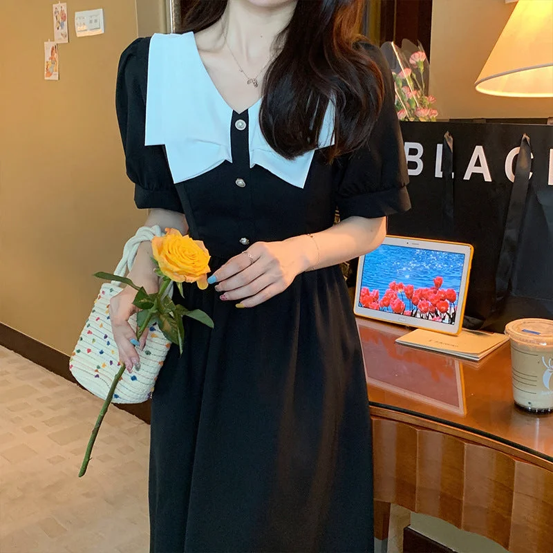 NiDELL Black Waist Dress for Women . Summer New Tea Break Hepburn Style French Style Temperament Retro Hepburn Style Puff Sleeve