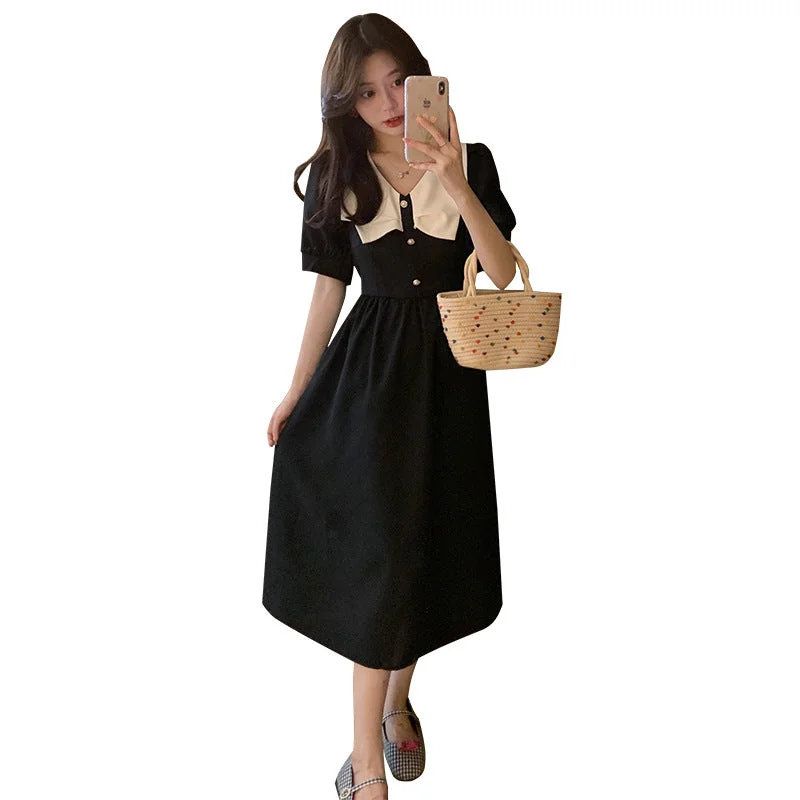 NiDELL Black Waist Dress for Women . Summer New Tea Break Hepburn Style French Style Temperament Retro Hepburn Style Puff Sleeve