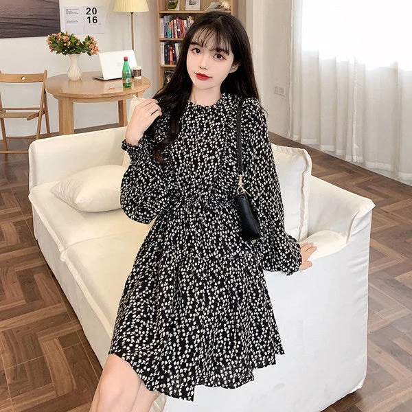 NiDELL Early Autumn Clothing . New Design Sense Niche French Chiffon Small Stand Collar Floral Dress Waist-Tight Short Skirt