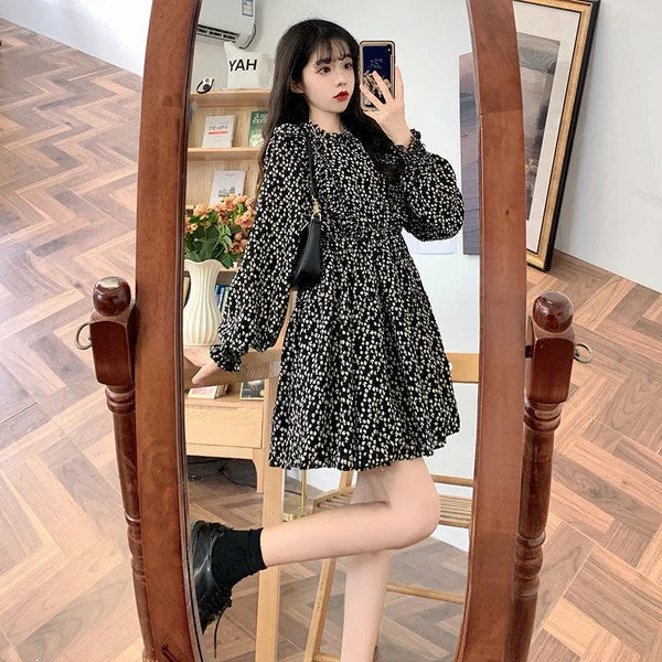 NiDELL Early Autumn Clothing . New Design Sense Niche French Chiffon Small Stand Collar Floral Dress Waist-Tight Short Skirt