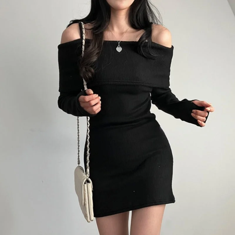 NiDELL Elegant off-Shoulder Knitted Dress Women's off-Shoulder Strap Woolen Skirt Autumn and Winter . New Long Sleeve Skirt