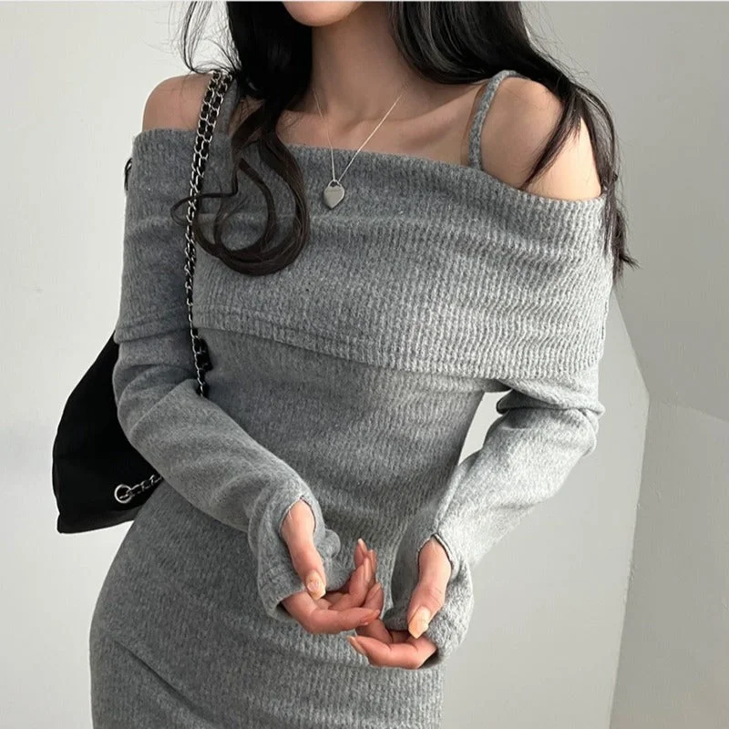 NiDELL Elegant off-Shoulder Knitted Dress Women's off-Shoulder Strap Woolen Skirt Autumn and Winter . New Long Sleeve Skirt