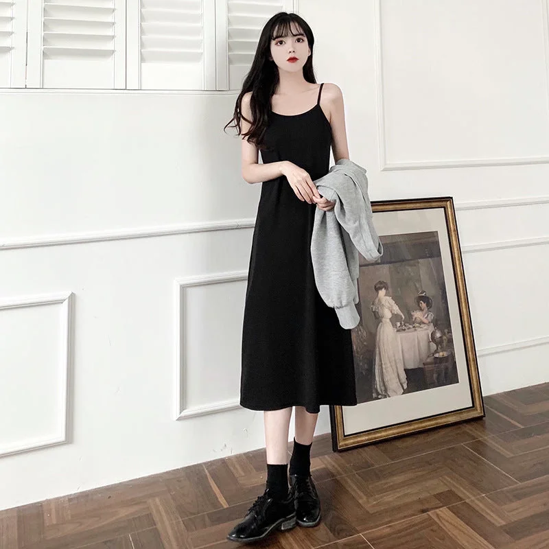 NiDELL Fall . New Korean Style Waffle Loose Kinking Sweater Strap Dress Fashion Two-Piece Suit Suit