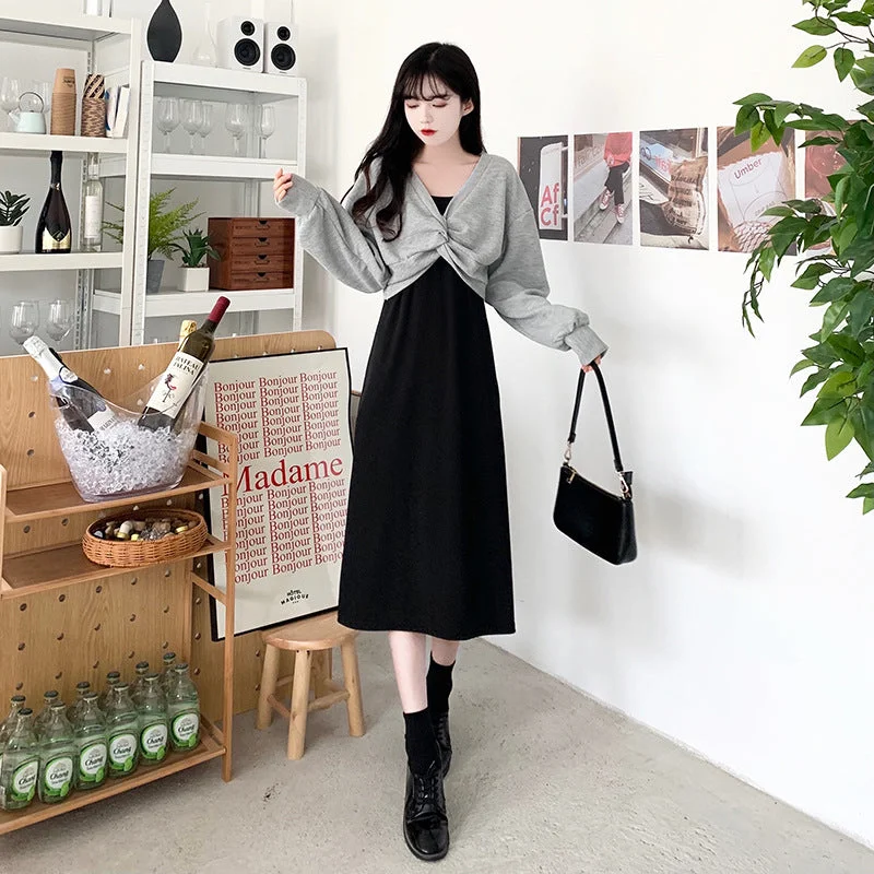 NiDELL Fall . New Korean Style Waffle Loose Kinking Sweater Strap Dress Fashion Two-Piece Suit Suit