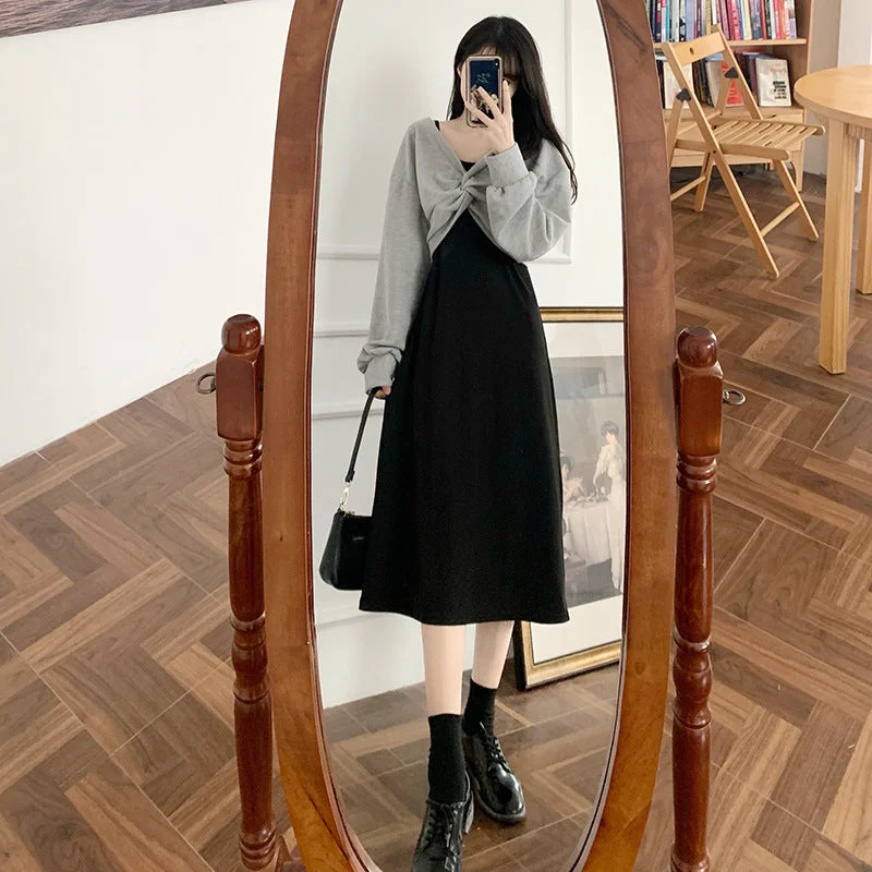 NiDELL Fall . New Korean Style Waffle Loose Kinking Sweater Strap Dress Fashion Two-Piece Suit Suit