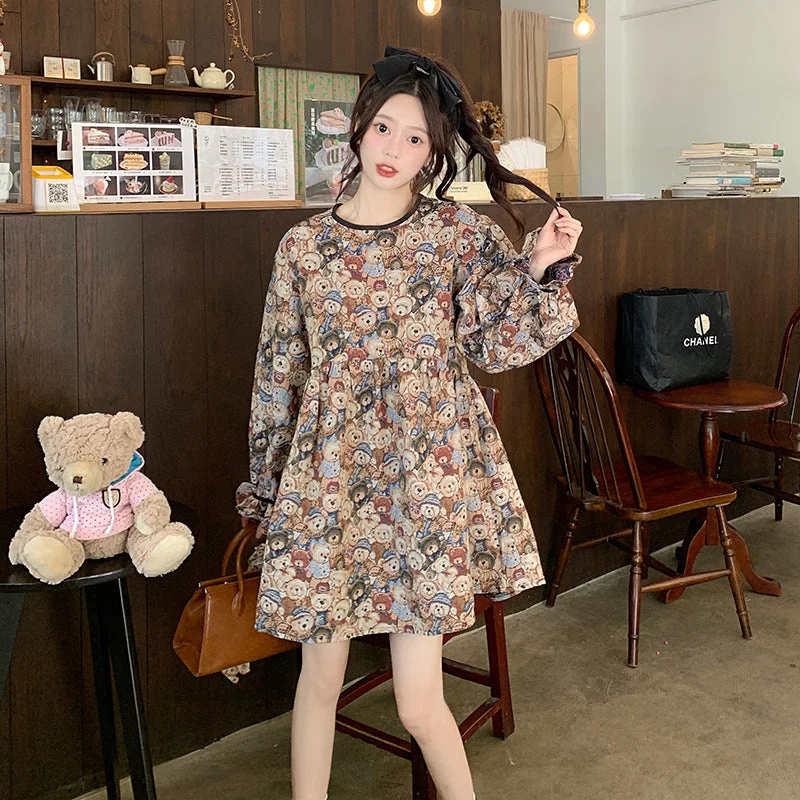 NiDELL French Retro Bear Puff Sleeve Dress Female Loose Sweet Cute Small Design Sense Niche Short Skirt