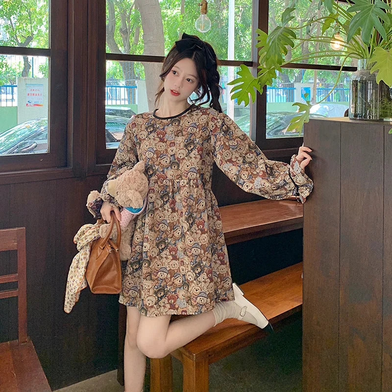 NiDELL French Retro Bear Puff Sleeve Dress Female Loose Sweet Cute Small Design Sense Niche Short Skirt