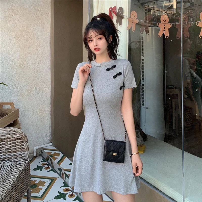 NiDELL French Retro Fashionable Temperament Slim-Fit Short-Sleeved Dress for Women . Summer Internet Celebrity Same Mid-Length Dress Fashion