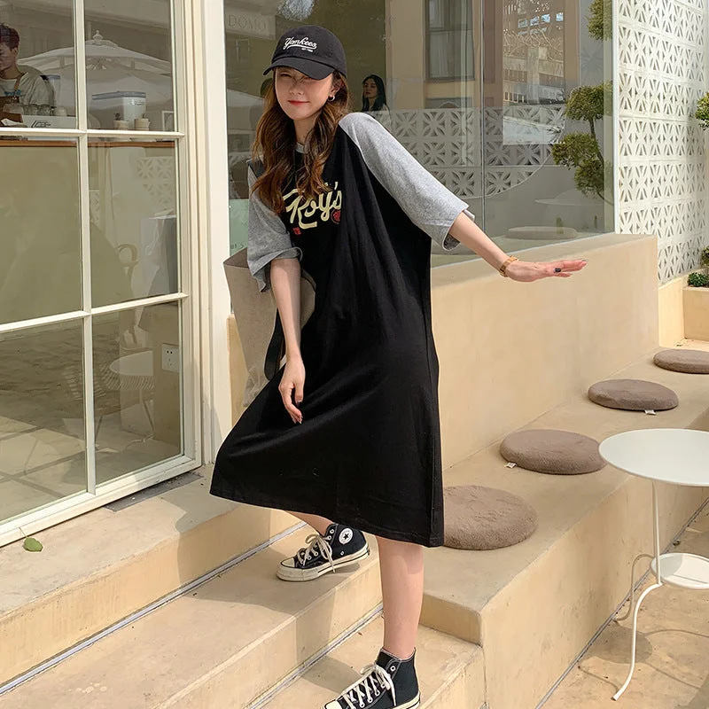 NiDELL Hong Kong Style Design Long Loose Slimming Plump Girls Short Sleeve T-shirt Skirt Women's Summer . New Contrast Color Shirt Fashion